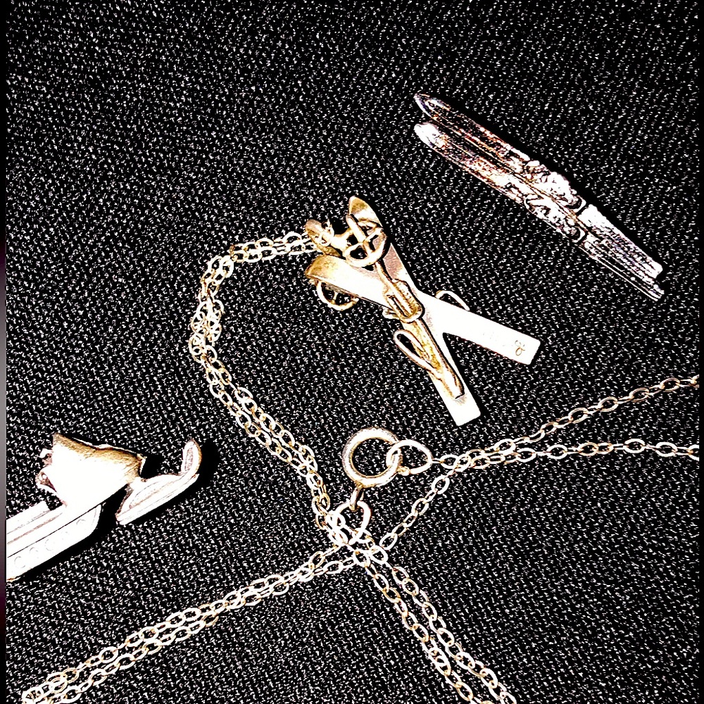 Sterling silver necklace 925. sterling silver pendant, skis, snowmobile pin
